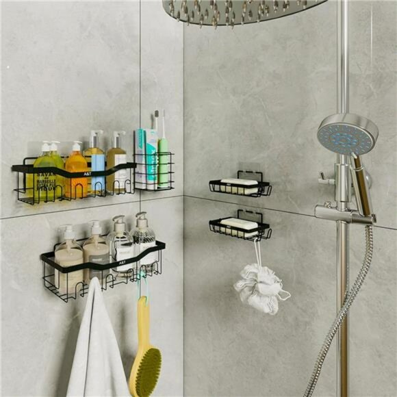 Adhesive Shower Caddy Set Rustproof Stainless Steel Wall Mounted Bathroom Organi - Picture 7 of 8